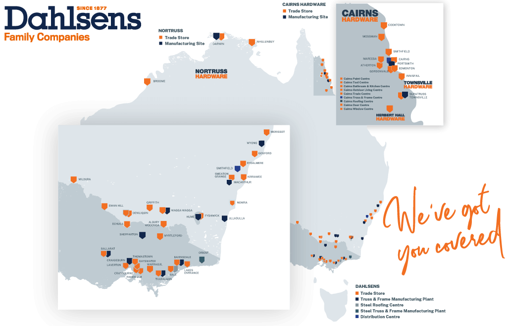 Graphics showing Dahlsens coverage across Australia Graphics showing Dahlsens coverage across Australia