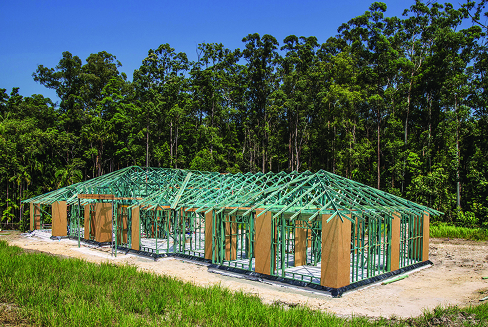 Blue timber house frame